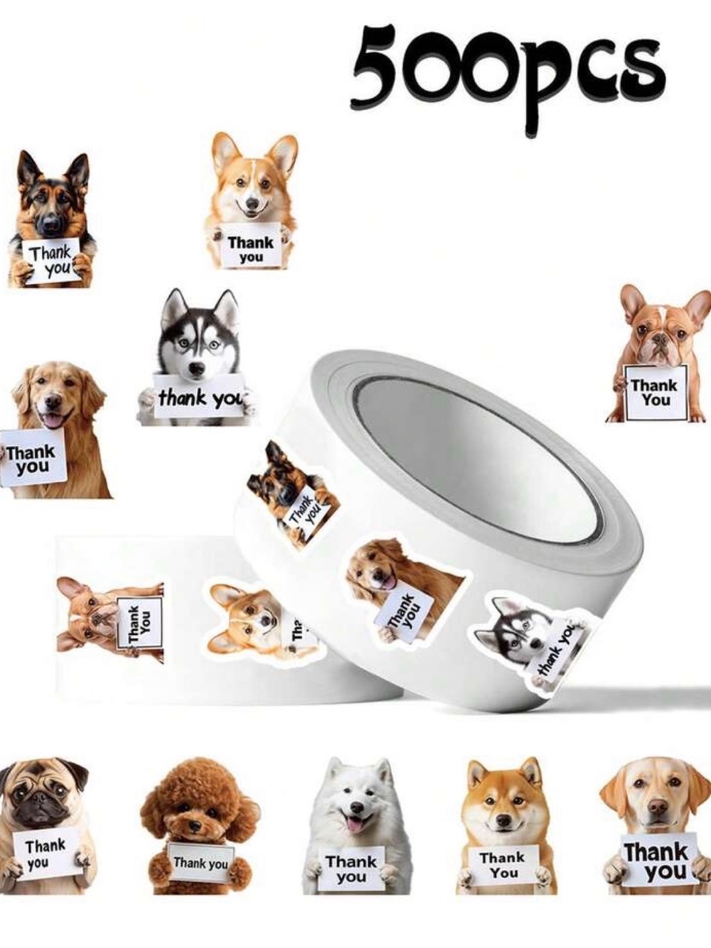 Dog Thank You Sticker Roll - White Background with Multi Dog Designs (500pcs)